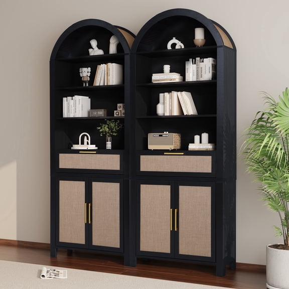 LEFHDA 2PCS 78" Tall Bookshelf, Arched Bookcase with Drawers, Mid-Century Modern 6-Tier Bookshelf with Storage, Rattan Open Display Storage Shelf Bookshelf for Living Room Bedroom & Classroom(Black)