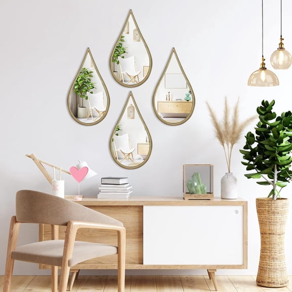 Decorative Mirrors Wall Mounted Mirror Teardrop Shape Metal Frame for Bedroom Living Dining Room Entryway Bathroom Vanity (Rusty Vintage Gold, 4-Pack)