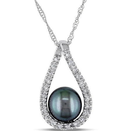 6.5-7mm Black Round Cultured Freshwater Pearl and 1/10 Carat T.W. Diamond 14kt White Gold Teardrop Pendant, 17