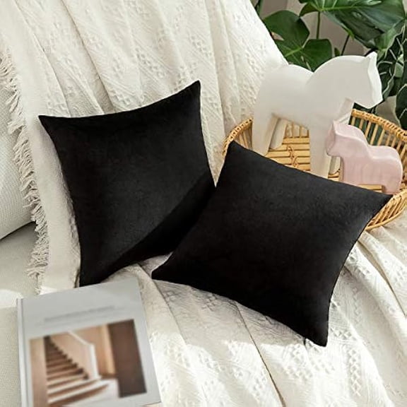 Eryueer Velvet Soft Decorative Square Throw Pillow Case Cushion Covers Pillowcases for Livingroom Sofa Bedroom with Invisible Zipper 12"x12" 2 Pieces Black
