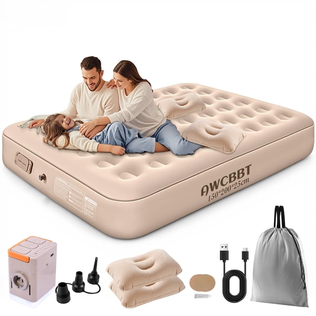 AWCBBT Colchon Inflables Matrimonial, Colchón de Cama de Aire Suave con 2 Almohadas Hinchables, Incluye Bomba Eléctrica y Bolsa de Transporte Portátil, Cama Inflables