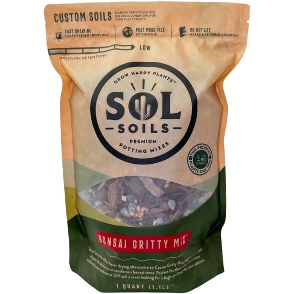 Sol Soils Bonsai Potting Mix - Fast Draining, Gritty, Peat Moss Free - 1 Quart - Pine Bark, Granite, Pumice, Calcined Clay