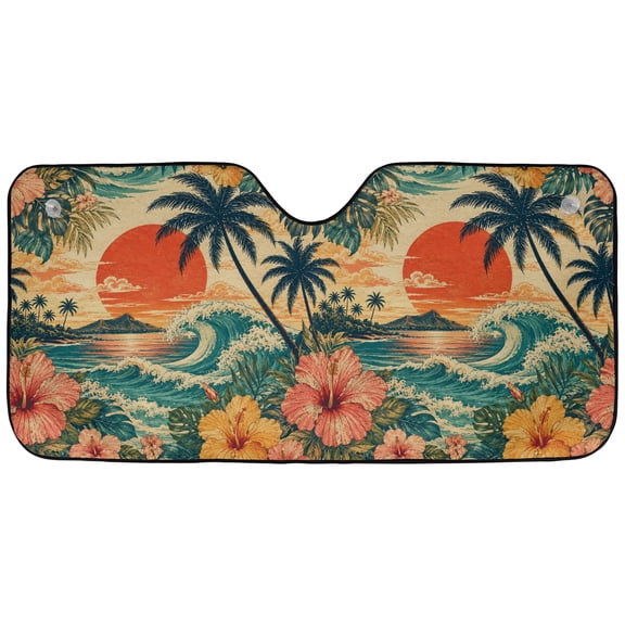 Emacom Ltd _Vintage Hawaiian Windshield Sun Shade, Tropical Surf Beach Car Sunshade, Island Front Window Protector