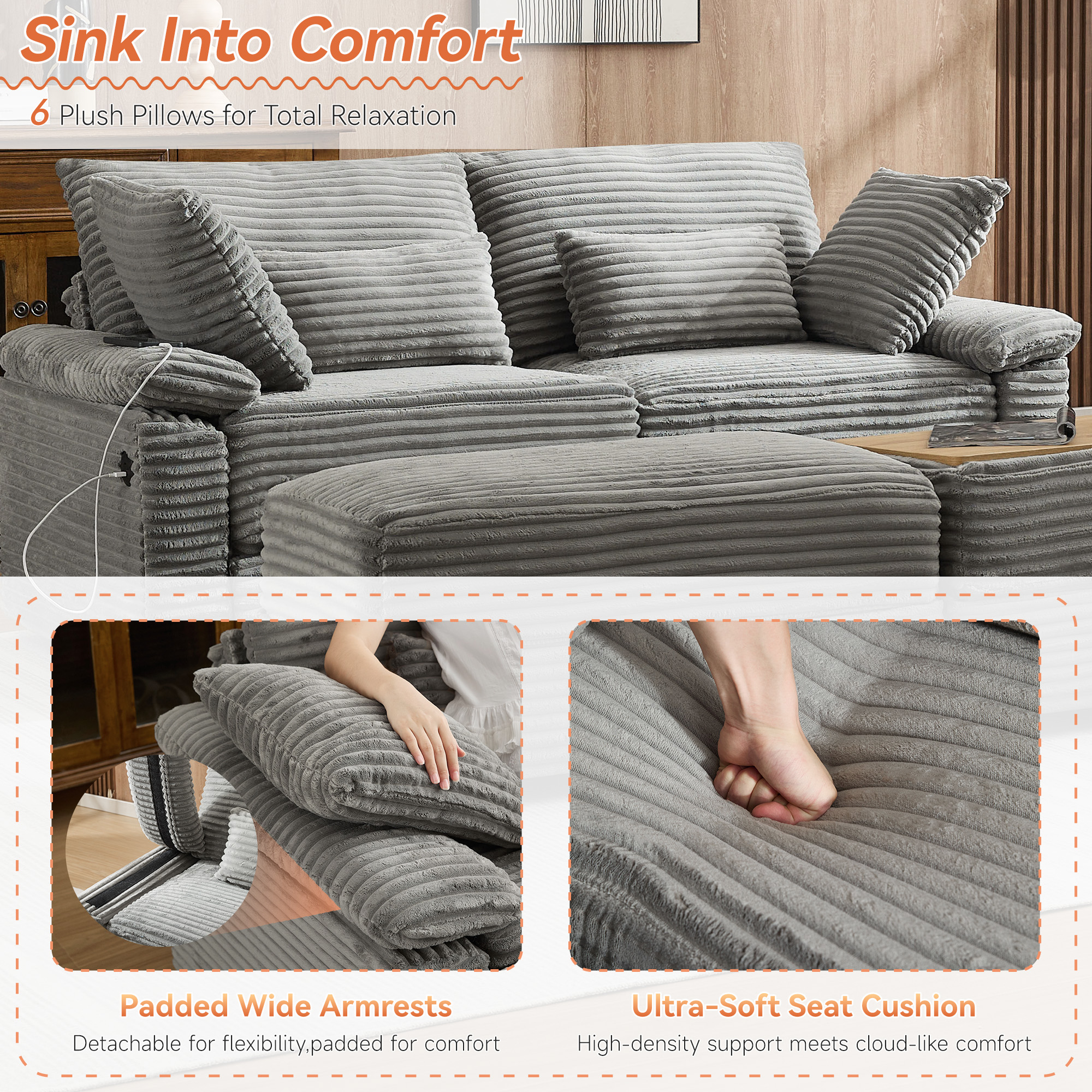 Corduroy Upholstered Sofa for Living Room,Modern Deep Seat Comfy Loveseat Couch with 2 Ottomans,Gray