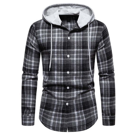 DDAPJ pyju Fall Fashion Shirts for Men 2023 Clearance, Men's Slim Fit Stretch Plaid Hoodie Long Sleeve Drawstring Flannel Shirt Jackets Casual Button Down Shacket Jacket