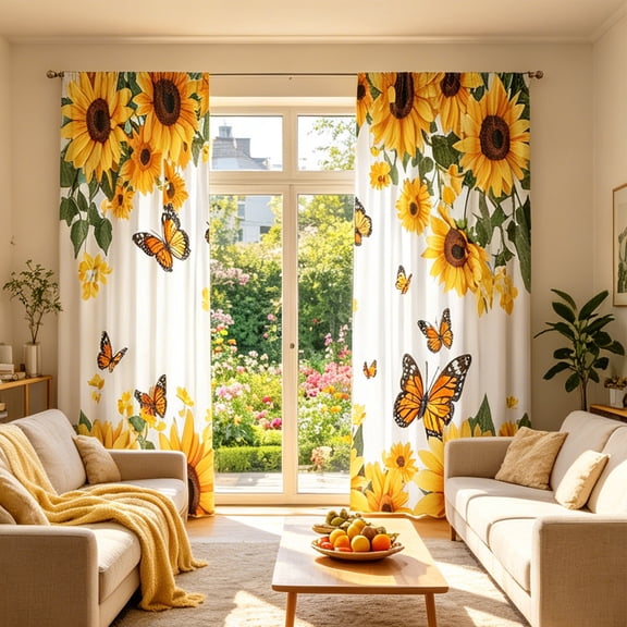 FeiFu Sunflower Curtains 2 Panels Yellow Floral Butterfly Print Rod Pocket Window Drapes for Living Room Bedroom Summer Home Decor Cortinas de Girasol