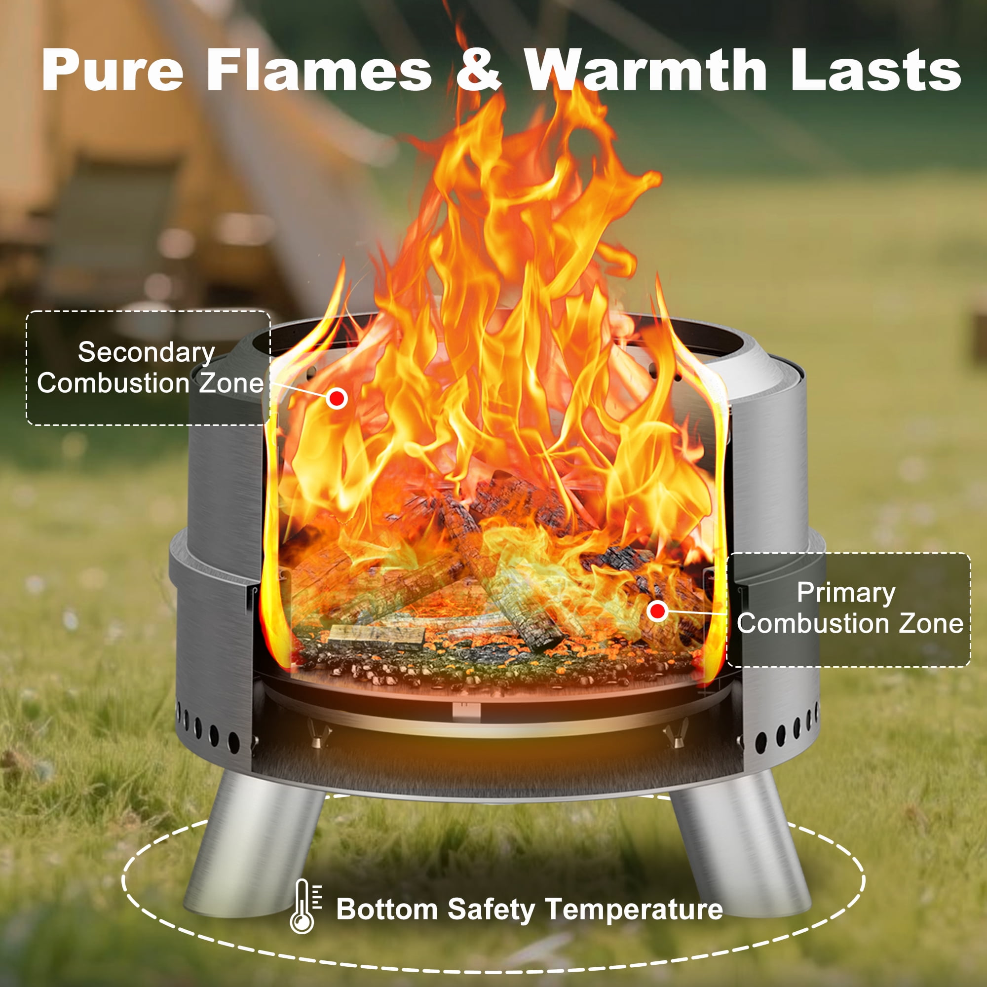 Hongtaok 20 inch Portable Smokeless Fire Pit Outdoor, Stainless Steel, Waterproof Cover and Poker Removable Ash Pan Included.