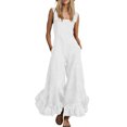 thumbnail image 3 of Square Neck Ruffle Hem Jumpsuit for Women - Flowy Wide Leg Boho Overall, Sleeveless Casual Vacation Romper with Pockets White XL, 3 of 7