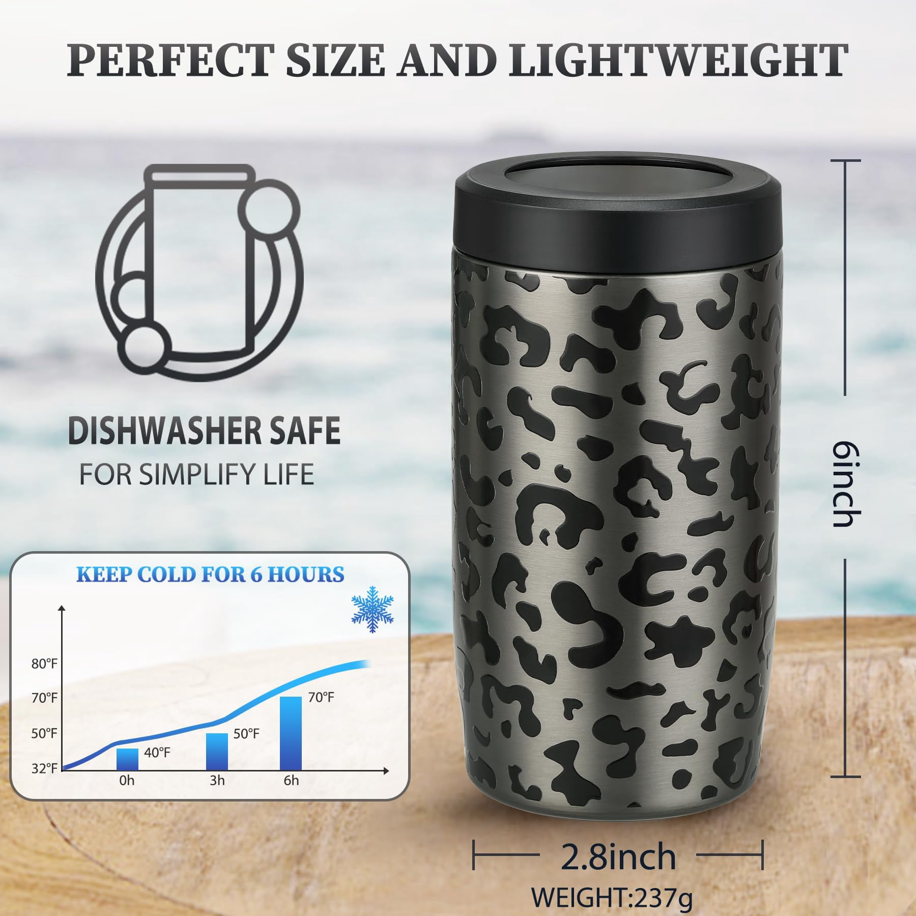 Jslove 4 in 1 Insulated Can Cooler - Universal Size for 12 oz Cans, Slim Cans, and Bottles - Black Leopard