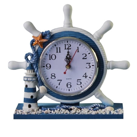 Dualoai Nautical Wooden Steering Wheel Anchor Wall Hanging Clocks Desk Clock Home Decor*