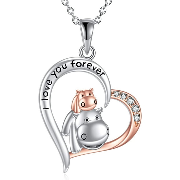 Hippo Necklace for Women Sterling Silver Hippopotamus Animal Necklace I Love You Forever Heart Pendant Hippo Jewelry Christmas Birthday Gifts