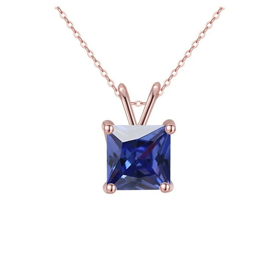 Paris Jewelry 18K Rose Gold Princess Created Blue Sapphire 2CT CZ Necklace 18 inch Plated