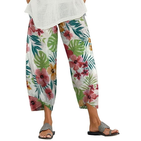 ZANZEA Women's Elastic Waist Pants Floral Printed Loose Cotton Cropped ...