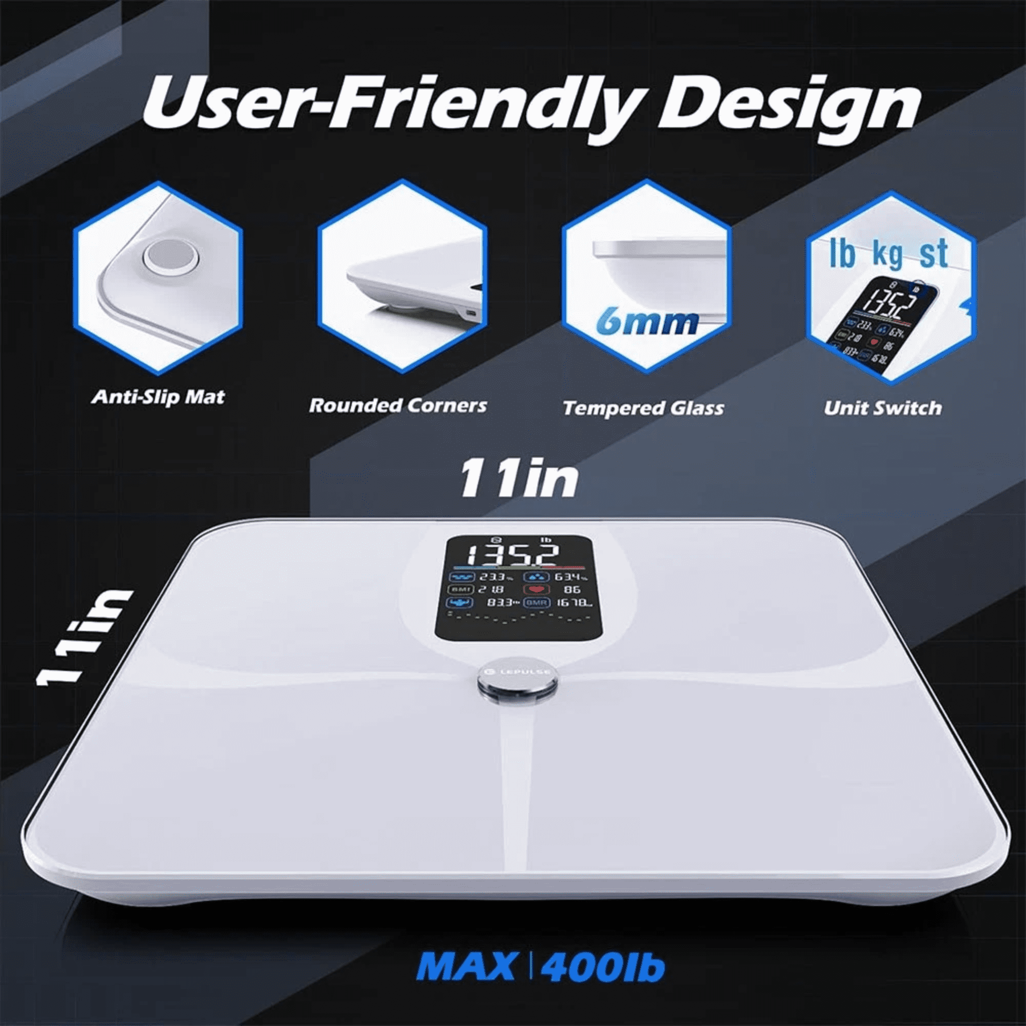 Open Box Checkme Lepulse Smart Scale for Body Weight, 22 Body Composition Analyzer-BMI, Body Fat, Muscle Mass & Heart Rate, 4.68" Large VA Display w/ Trend Tracking, High Accuracy Digital Bathroom Scale,White