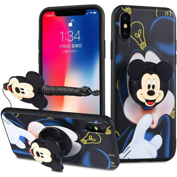 iPhone XR Case - Minnie Mickey Mouse Cartoon Case Soft Silicone TPU Shockproof Case with Phone Holder Stand and Detachable Long Lanyard for Girls Boys (Dark Blue)