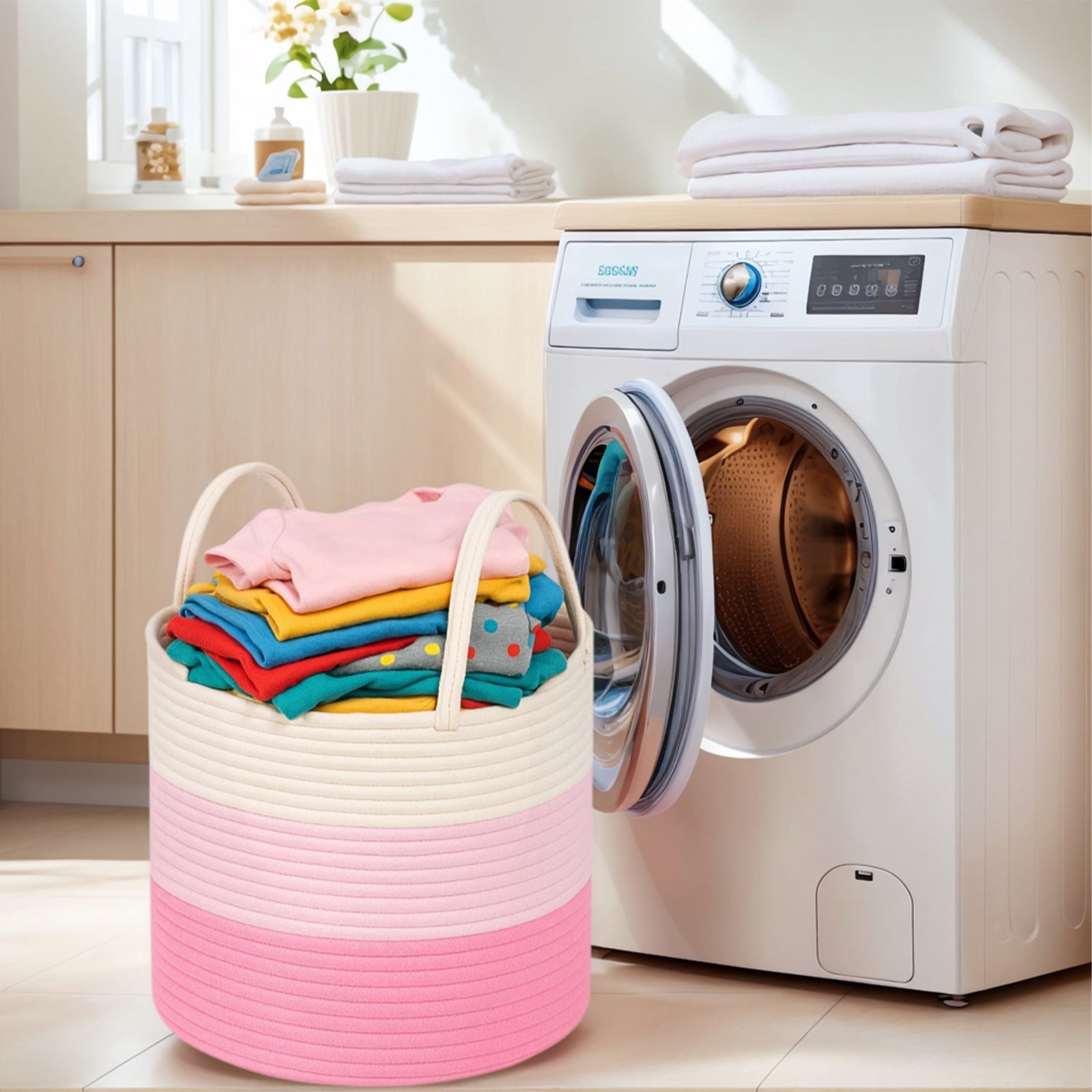 PinkSheep Laundry Basket, Collapsible Woven Cotton Rope Laundry Hamper Storage Baskets with Handles, Ivory & Pink