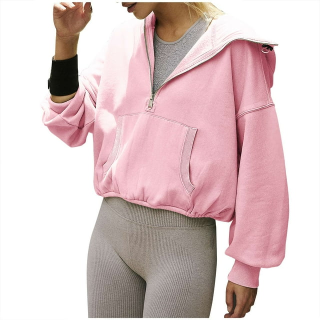 Timegard Chandail en Molleton Demi-Fermeture à Glissière pour Femmes Chandails à Capuchon Court Chandail d'Automne Décontracté Ample avec Poches
