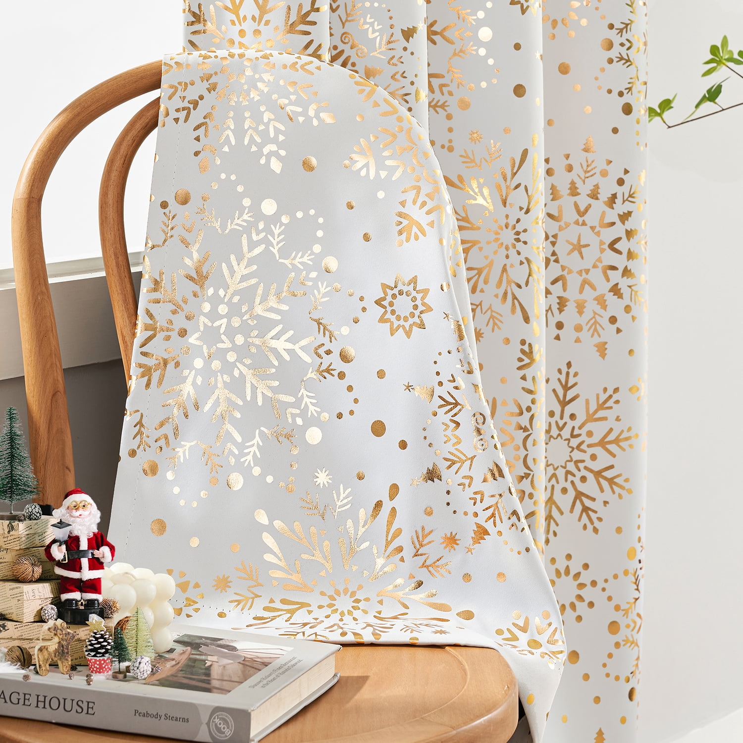 Exultantex Full Blackout Curtain Energy Saving Window Curtains with Foil Medallion Print Curtain Drapes Total Gold White Snowflake Floral,50x95,2PCS