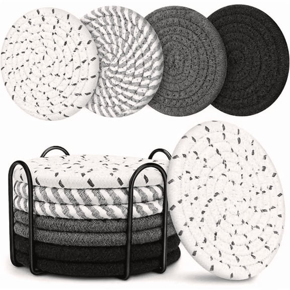 8 Pack Absorbent Cotton Coasters with Storage Rack, Black & Gray Mixed Colors, 4.33 in Diameter Table Coasters for Coffee Mugs Wine Glasses