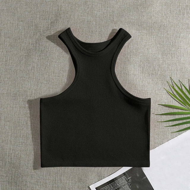 asjyhkr Débardeurs en Tricot Côtelé pour Femmes Col Ras du Cou Sans Manches Camisole Unie Camisole d'Été Décontractée