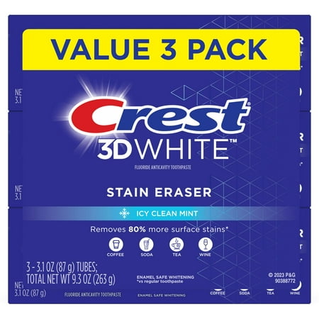 Crest 3D White Stain Eraser Toothpaste, Mint, 3.1 oz, 3 Pack