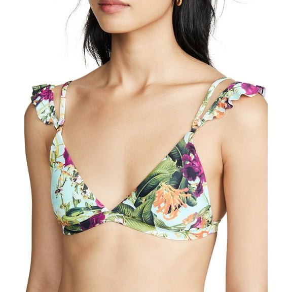 PilyQ FLORAL GREEN Flora Ruffle Ring Bikini Swim Top, US Small