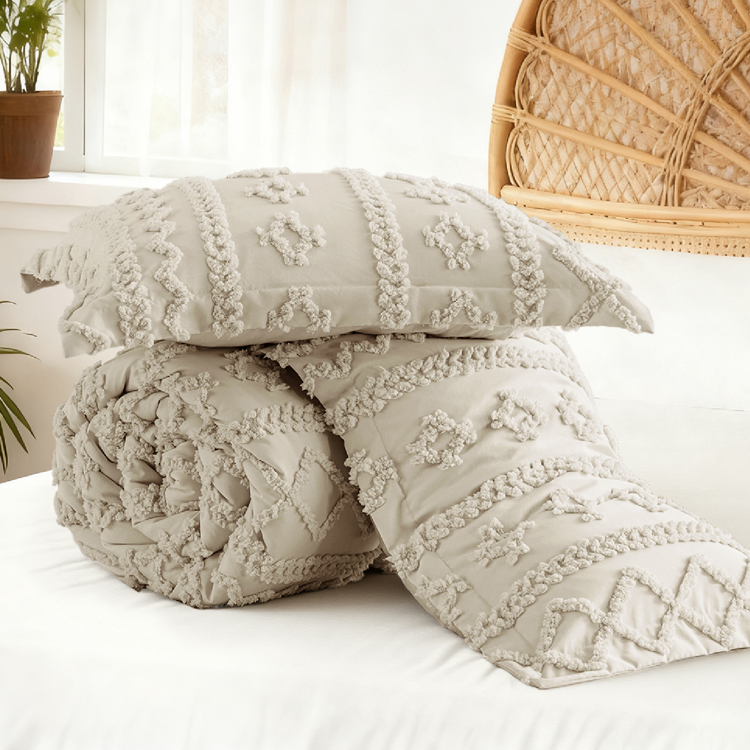 U by Bedsure Tufted Boho Comforter Set, 3 Pieces Farmhouse Shabby Chic Embroidery Bed Set, Soft Jacquard Comforter for All Seasons,Queen,Natural