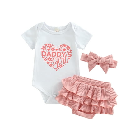 

Calsunbaby Infant Baby Girls Summer 3Pcs Outfit Short Sleeve Letter Heart Print Romper + PP Shorts + Headband White 6-12 Months
