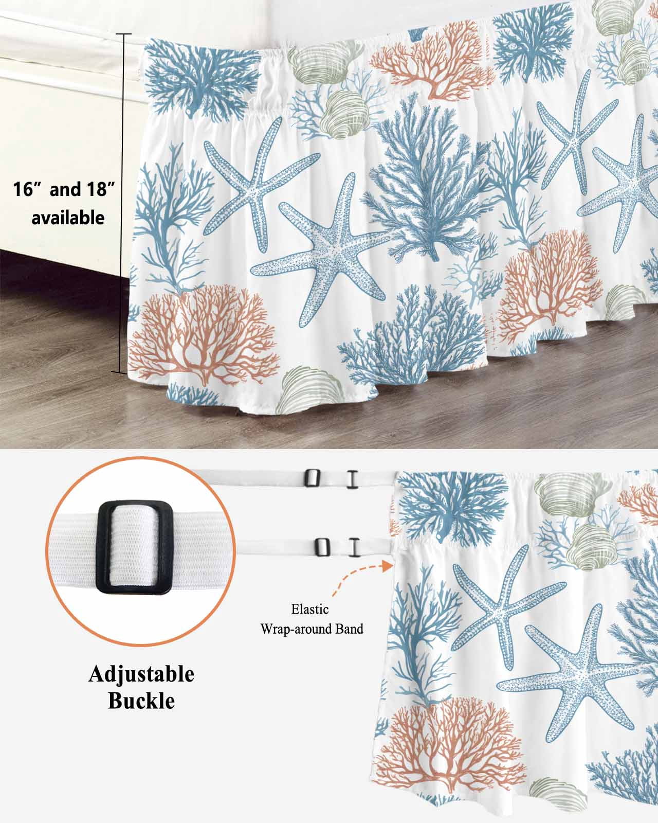Blue Coastal Coral Wrap Around Bed Skirts for Queen Bed 16" Drop, Bed Skirt with Adjustable Elastic Belt Dust Ruffle Bed Valance for Bedroom Hotel Luxury Ocean Starfish Nature Plant Bed Frame Cover