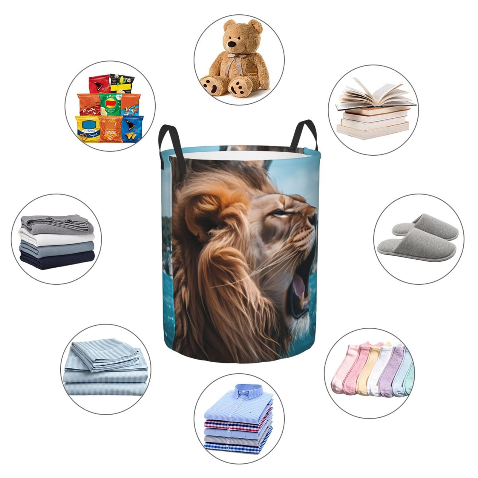Large Laundry Basket with Handles - Ice Blue Coastal Lion Kids Baby Dirty Clothes Laundry Hamper for Bedroom Aesthetic