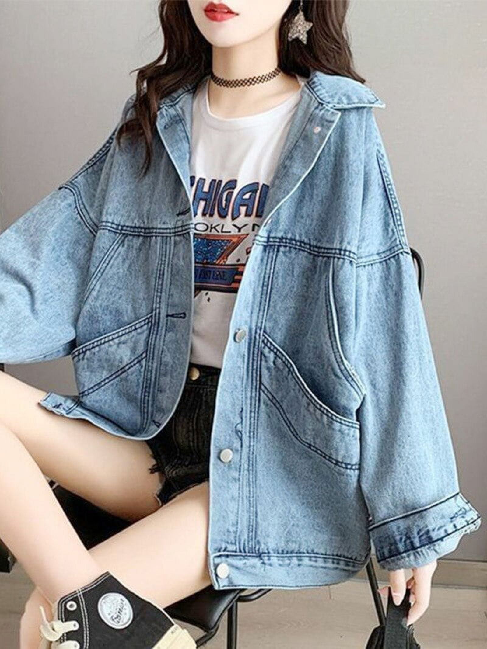 DanceeMangoo Korean Autumn Fashion Women Denim Coat Loose Long Sleeve  Zipper Harajuku Streetwear Pocket Blue Modis Jeans Jacket