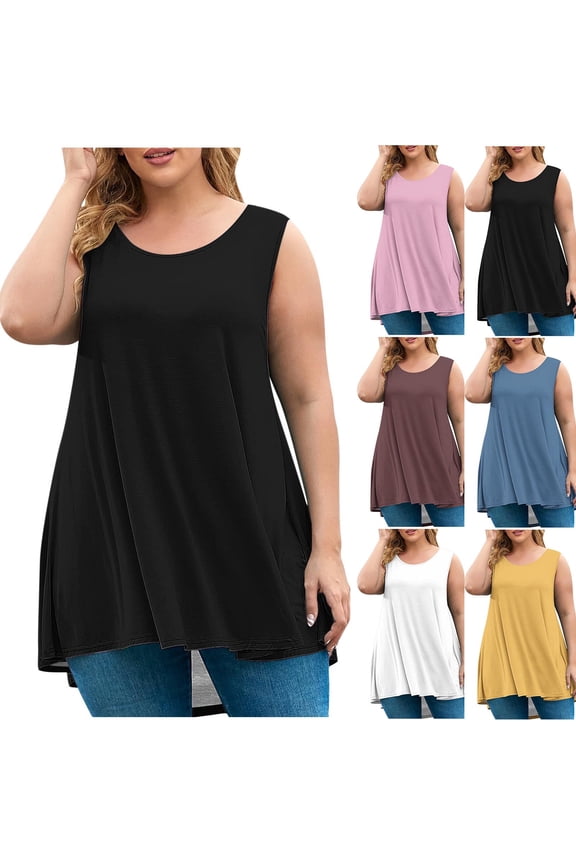 Summer Tunic Tank Tops for Women Plus Size Casual Sleeveless Shirts Long Torso Top Flowy Hide Belly Blouses Solid Round Neck Tanks Loose Fit Travel Vacation Shirt