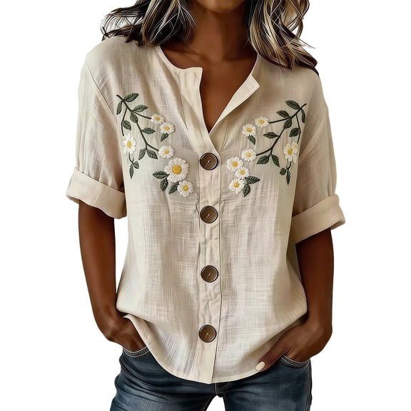 Oversized Tshirts for Women 3/4 Sleeve Top Print Blouse V Neck Button Down Short Sleeve Casual Loose Fit Beige Summer Tops for Women