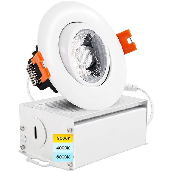 Luxrite 3 inch Adjustable LED Gimbal Recessed Light with J-Box 3 Color Selectable 8W=50W 600lm Dimmable Damp Rated