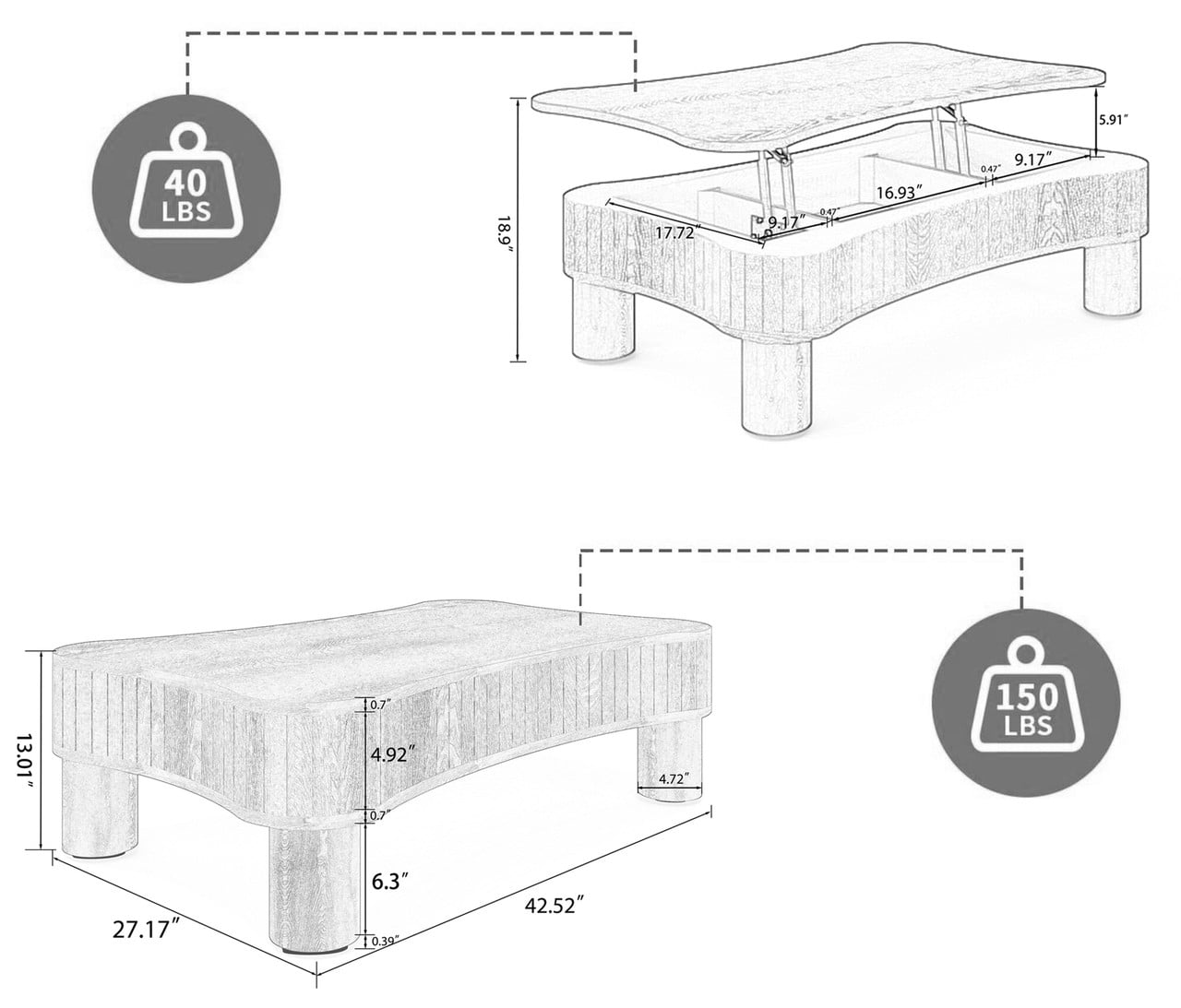 42" Lift Top Coffee Table with Hidden Storage, Fluted Panel Center Table with Hydraulic Lift, Rounded Corners, Wood Living Room Coffee Table for Small Spaces,Walnut