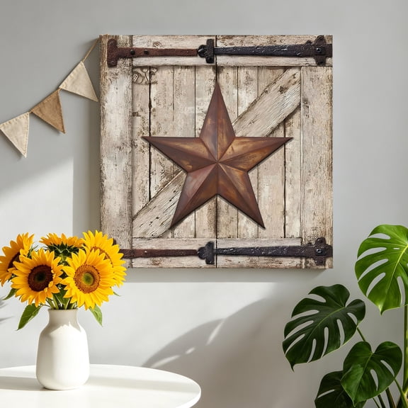 Country Star Canvas Wall Art, Retro Rust Yellow Star Beige Farmhouse Door Framed Canvas Wall Decor Picture Print Artwork Decorations for Living Room Office Ready to Hang 8" x 8"
