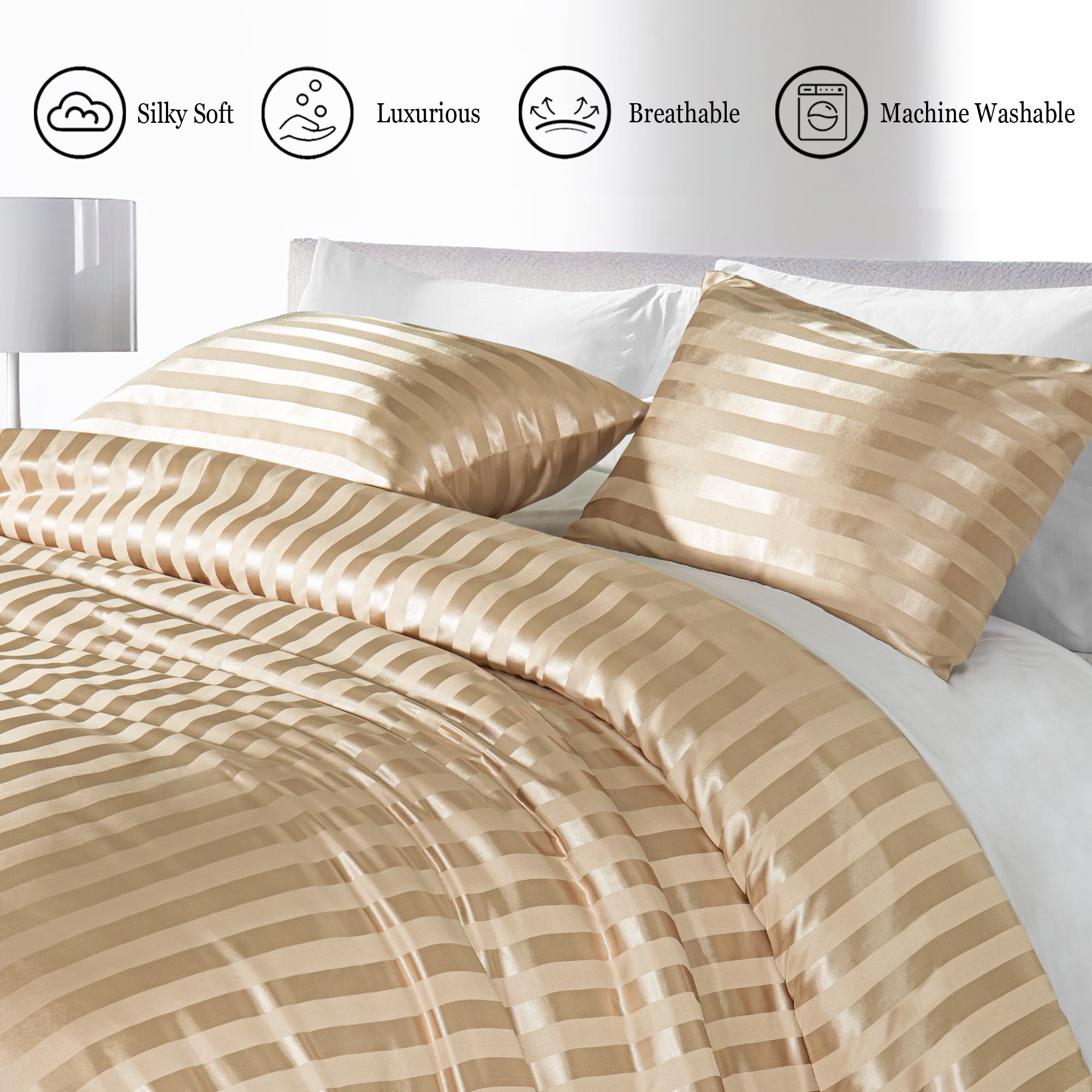 Whale Flotilla 3-Piece Luxury Stripe Satin King Size Comforter Set, Reversible Silky Soft Bedding Set with 2 Pillowcases, Lightweight All-Season Comforter, Champagne