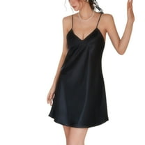 Defitshape Women's Sexy Satin Chemise Nightgown Pjs Short Night Dress Soft Cami Summer Silky Fall Sleep Cool Sleeveless Silk Sleepwear Dark Black X-Small