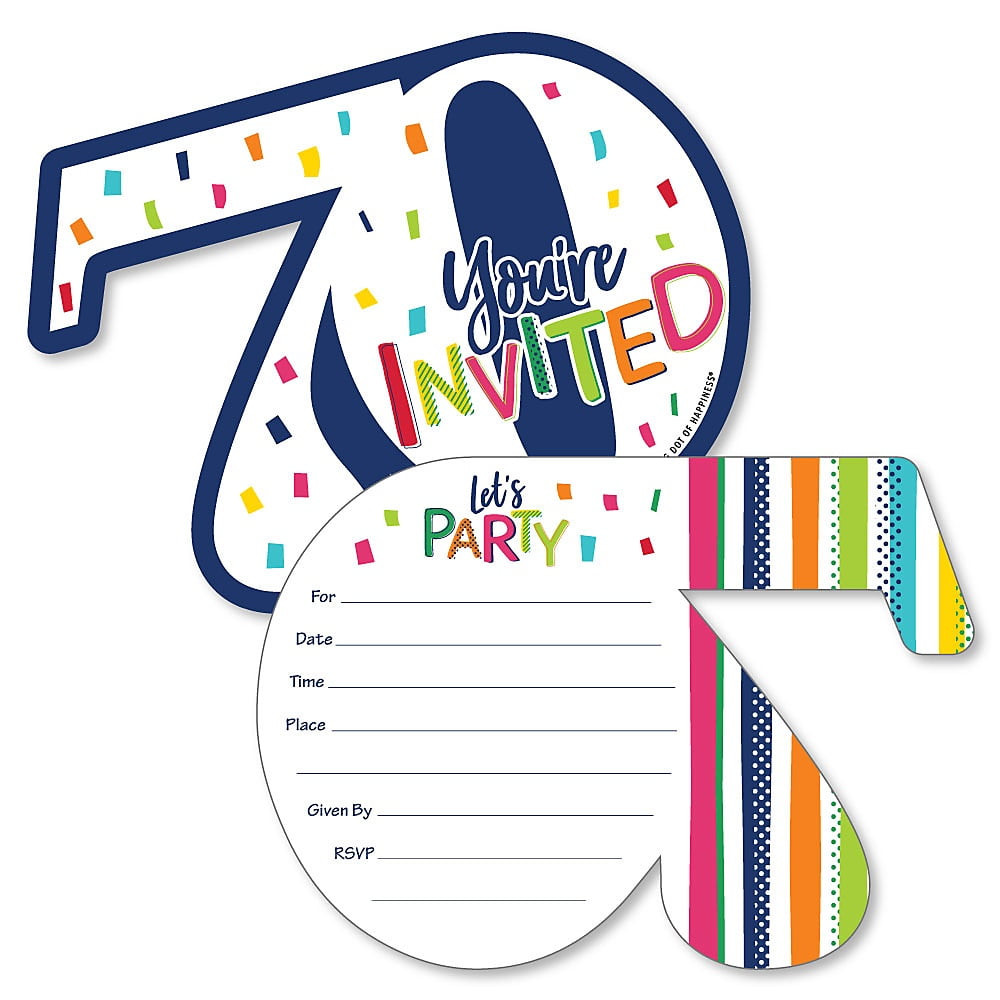 70th Birthday - Cheerful Happy Birthday - Shaped Fill-In Invitations - Colorful seventieth Birthday Party Invitation Cards with Envelopes - Set of 12
