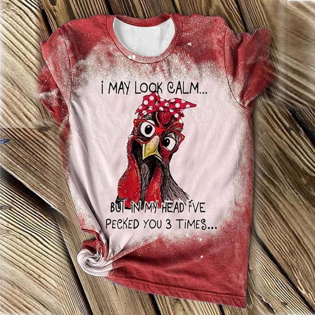 Puntoco Moda Mujer Casual Día de Acción de Gracias Chick Impresión Tie-Dye O-cuello Camiseta de manga corta suelta tops Puntoco Puntoco-1258