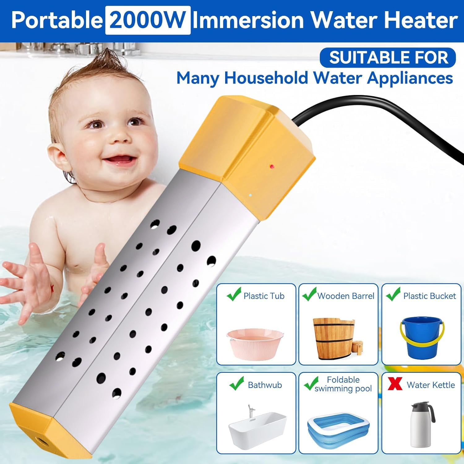 2000w Water Heater for Bathtub,Bucket Heater,Portable Electric Immersion Heater,Stainless Steel Immers Water Heater Bucket (Not auto shut off)