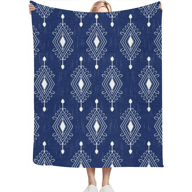 Blue and White Geometric Ethnic Patterns Ikat Throw Blanket for Couch Bed Soft Cute Fleece Fuzzy Spring Summer Throw Blankets Cozy Living Room Throw Blanket for Chair