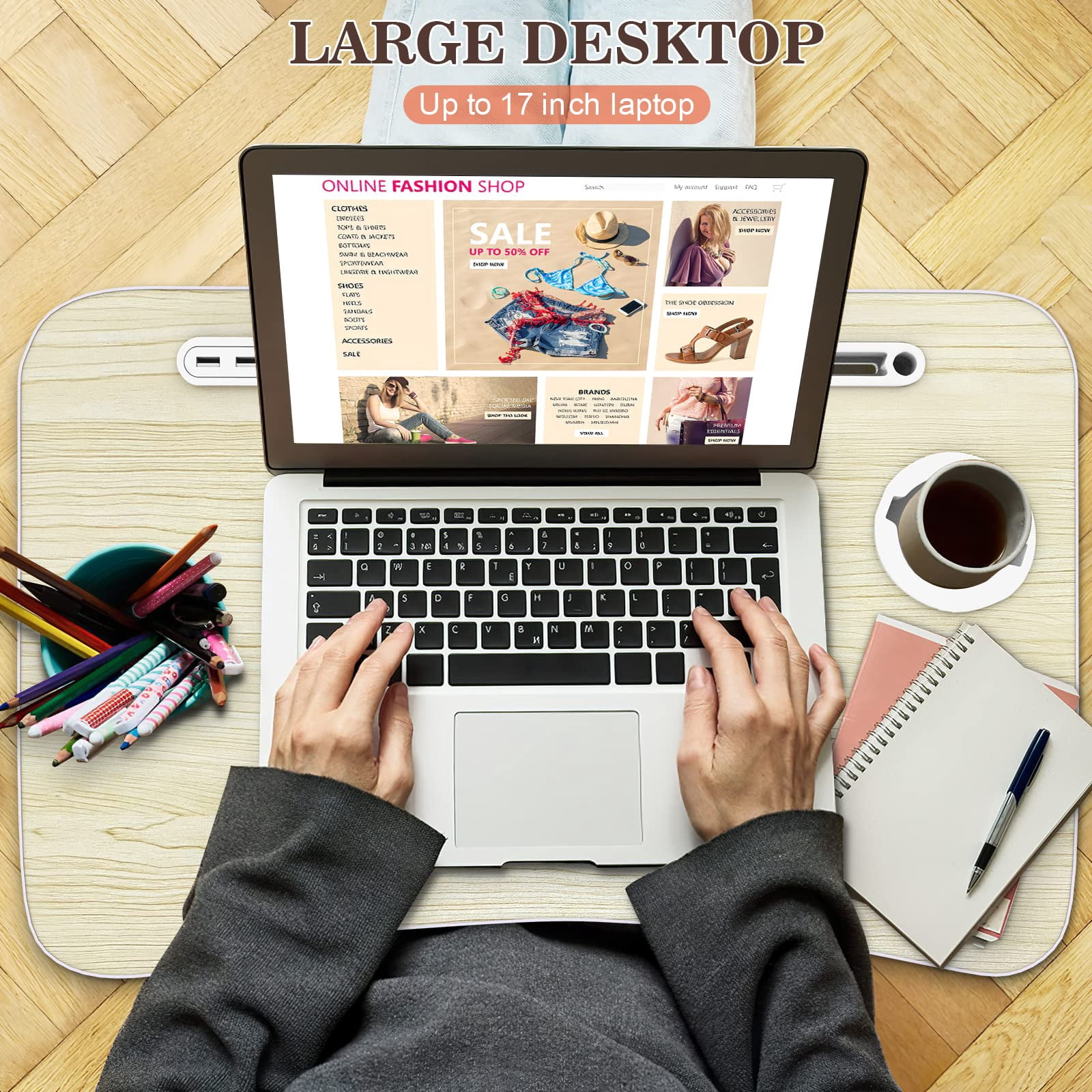 Laptop Lap Desk  Foldable Table Tray With 4 Usb Ports Storage Drawer And Cup Holder Bed Notebook Stand Laptray Portable Standing For Couch Floor