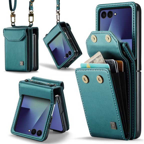 Konstreet for Samsung Galaxy Z Flip 7 Case Crossbody Retro PU Leather Flip Case with Magnetic Closure and Card holder Strap Wristlet for Men Women (Blue Green)