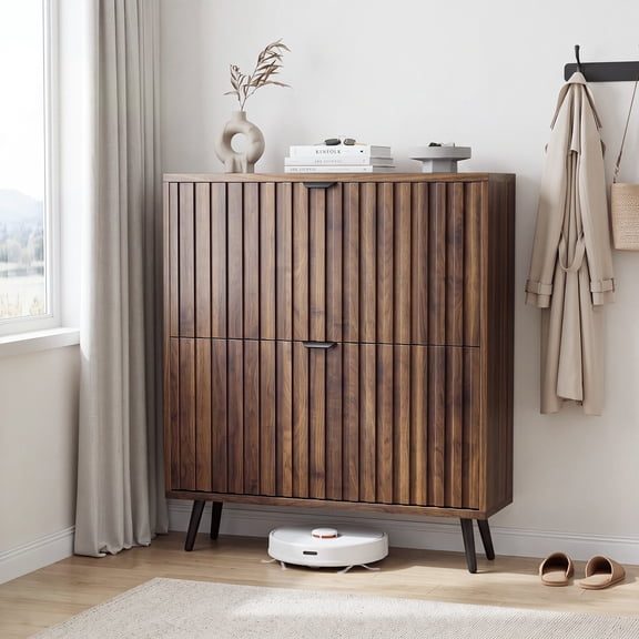 Semiocthome Shoe Cabinet with 2 Fluted Flip Drawers Freestanding Shoe Organizer for Entryway, Walnut