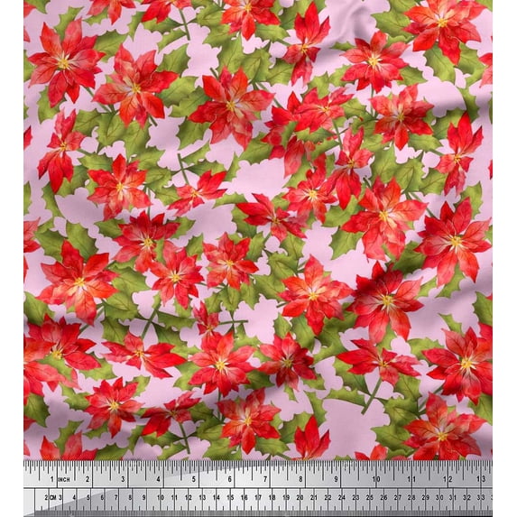 Soimoi Cotton Duck Fabric Holly Leaves & Floral Print Fabric by Yard 42 Inch Wide