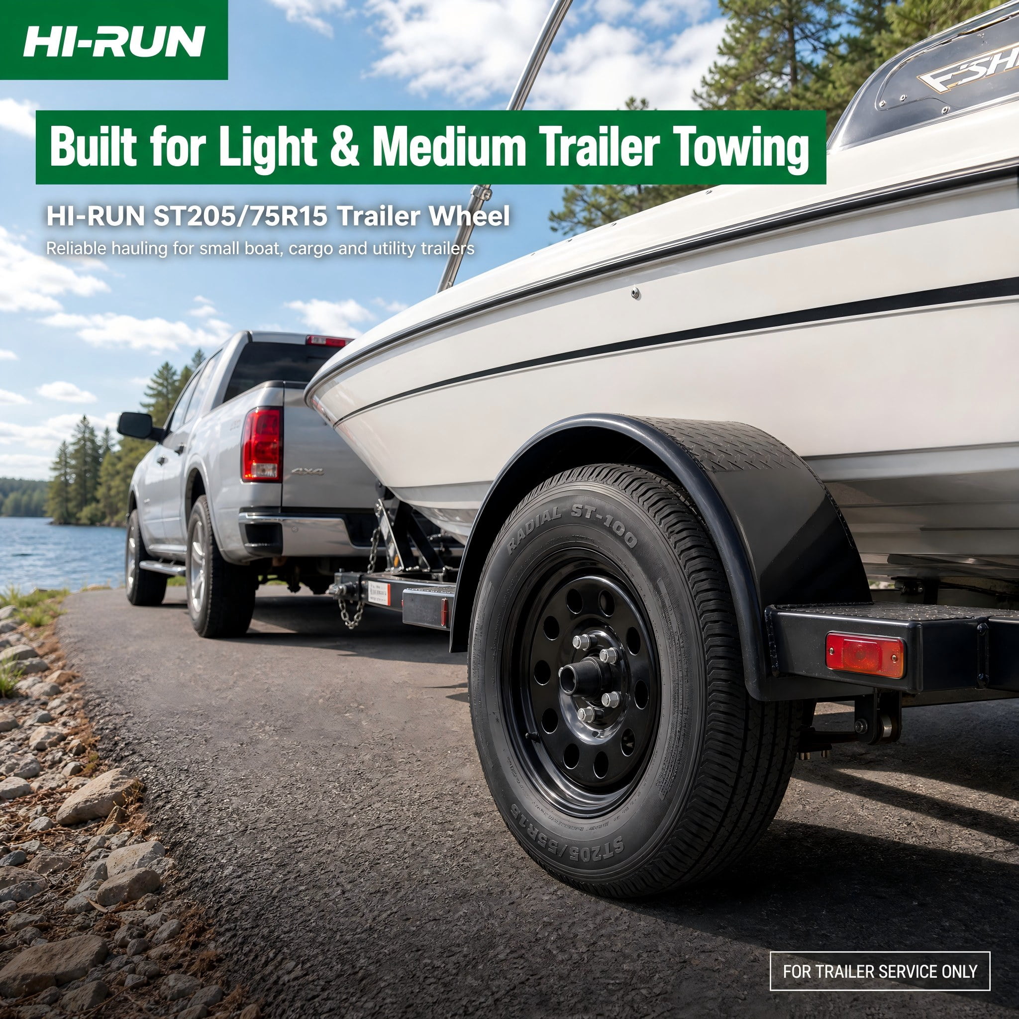 Hi-Run 2 Set ST100 ST205/75R15 8PR 107M Trailer Tire & 15X5 5 Lugs on 4.5" PCD Black Wheel Assembly Fits 205/75/15, 205 75 15