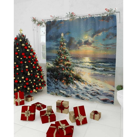 Coastal Christmas Tree Shower Curtain, Xmas Tree Beach Nautical Waterproof Washable Boho Funny Cute Shower Curtains Set for Bathroom Farmhouse Bathtubs Decor with Hook, 36"Wx72"L