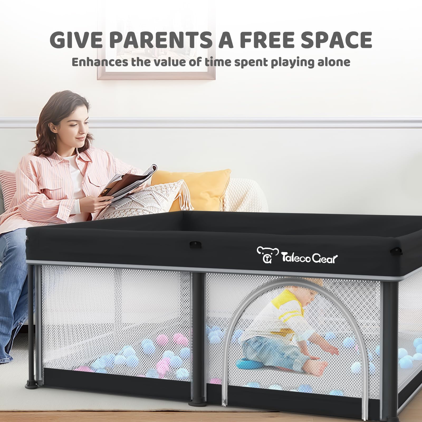 Foldable Baby Playpen with Mat, Collapsible Play Pen for Babies and Toddlers, Indoor & Outdoor Kids Safety Play Pen, Portable Play Yard with 50 Ocean Balls, 50"×50", Black
