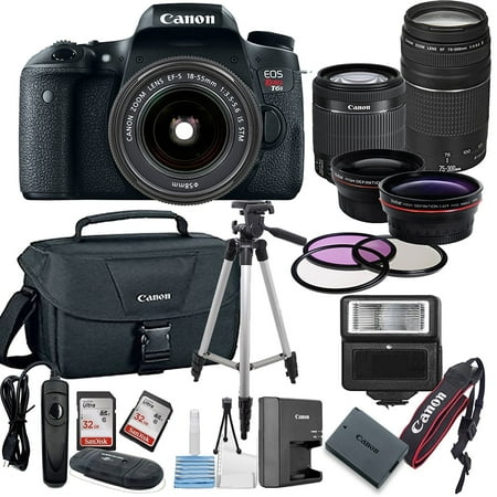 Canon EOS Rebel T6S Digital SLR Camera w/ EF-S 18-55mm + 75-300mm Telephoto Zoom Lens  Bundle includes Camera, Lenses, Filters, Bag, Memory Cards, Tripod, Flash, Remote Shutter , Cleaning Kit, (Best Bridge Camera With Fast Shutter Speed)
